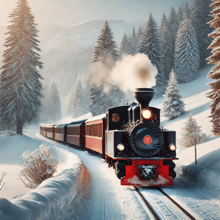 Narrow gauge railway locomotive in snow and mountains