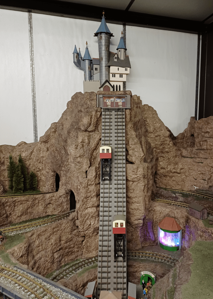 LGB model railwa layout with funicular railway.