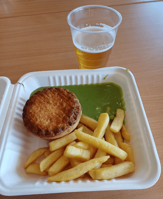 Lunch. Pie, chips and mushy peas.