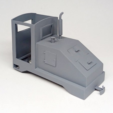 The body of an O scale On18 model railway (railroad) locomotive painted in primer