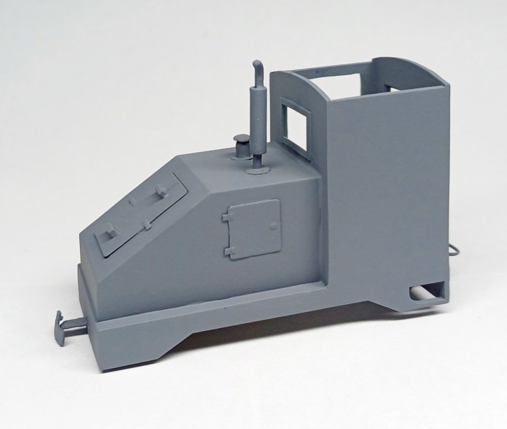 The body of an O scale On18 model railway (railroad) locomotive painted in primer