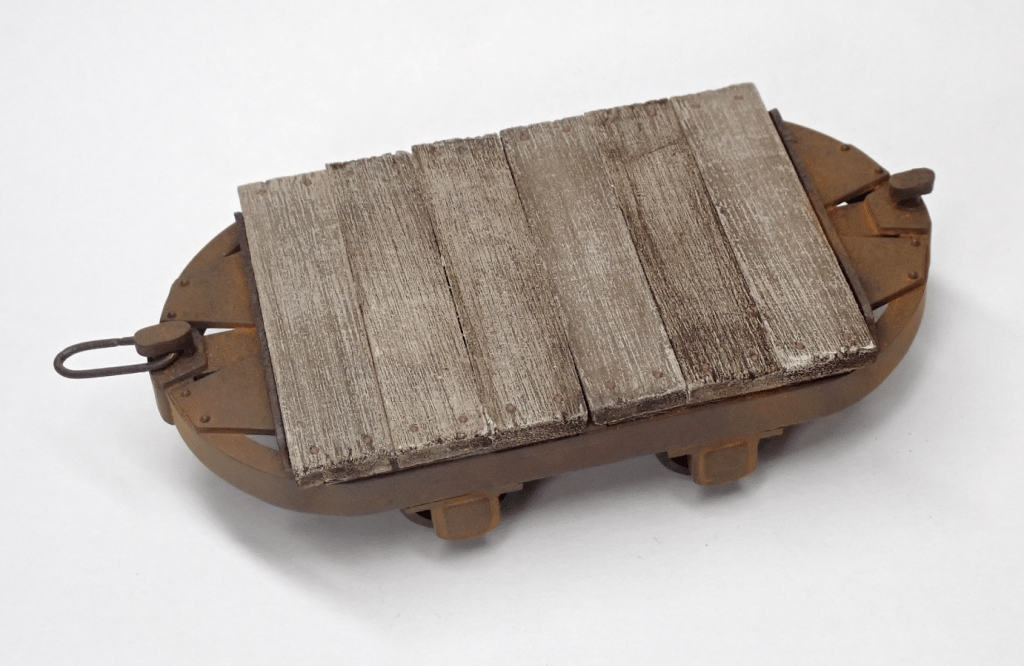 Completed 16mm narrow gauge model railway flat wagon on a Hudson chassis